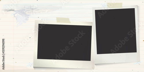 Both of blank old instant photograph stick on used old notebook paper horizontal background with stained effect graphic illustration.