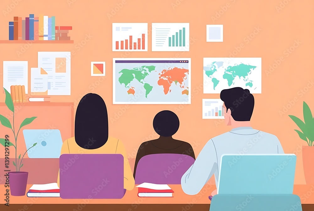 Fototapeta premium Business Meeting: Depicts an office environment, three figures engage in a collaborative work session, using laptops and sharing insights. Several world maps are shown in the wall.