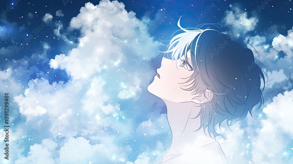 Thoughtful young girl gazing upwards at the expansive sky filled with clouds and sunlight wondering about the world above Thoughtful young girl gazing upwards at the expansive sky filled with clouds and sunlight wondering about the world above
