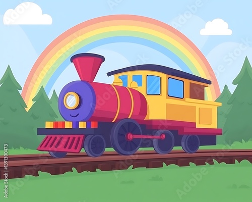A colorful cartoon train travels along railway tracks in nature
