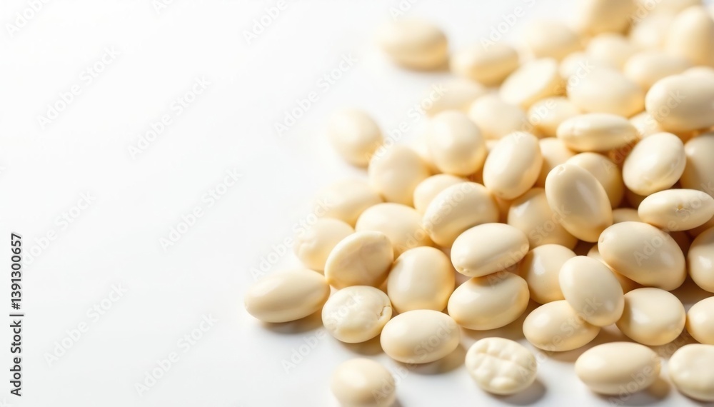 Pile of white beans against pure white backdrop, minimal, fiber, white background Pile of white beans against pure white backdrop, minimal, fiber, white background