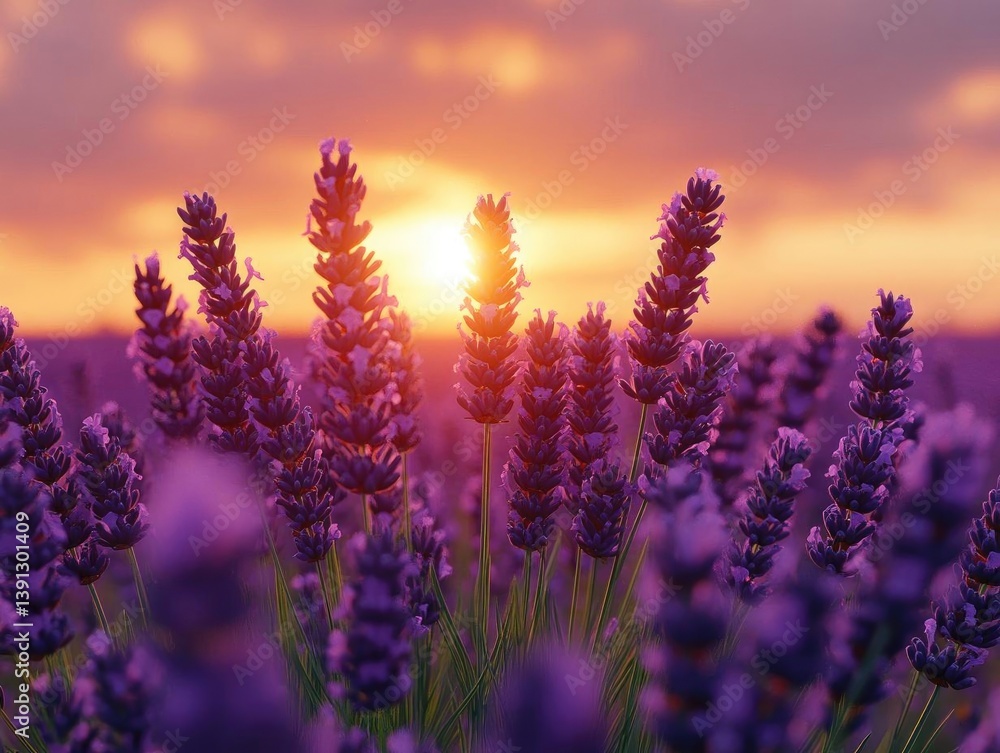 Naklejka premium Lavender Sunset: Purple Flowers Bloom at Dusk