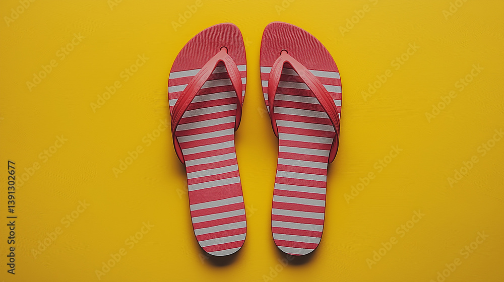 Top view photo of striped red and white flip-flops on isolated yellow background with copyspace Top view photo of striped red and white flip-flops on isolated yellow background with copyspace