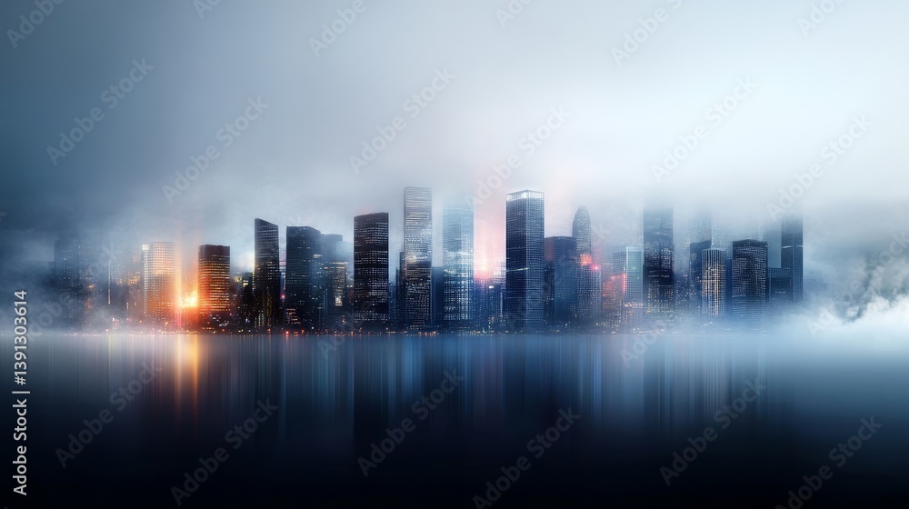 Fototapeta premium Mysterious Urban Skyline Surrounded by Fog and Reflection at Dawn