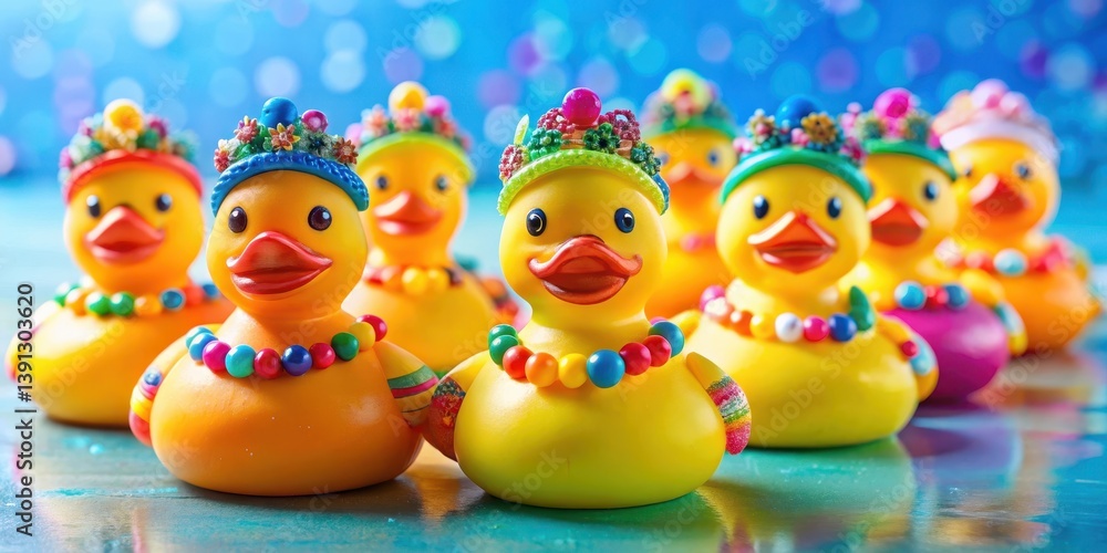 Fototapeta premium colorful rubber duck procession, vibrant decorations, colorful ducks