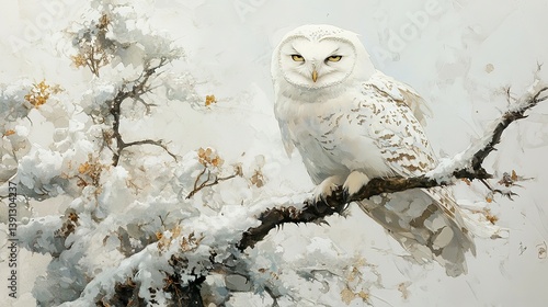 A detailed illustration of a white owl perched on a snowy branch