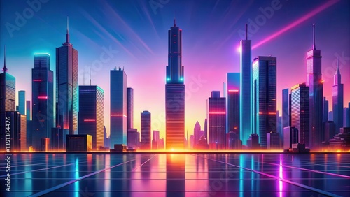 Ombre neon cityscape at dusk with futuristic gradient background and glowing skyscrapers , neon lights, modern architecture