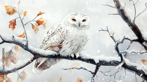 A beautiful white owl perched upon a snowy winter branch