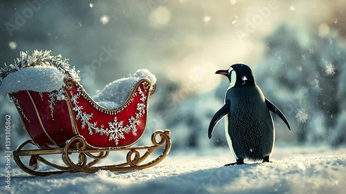 A curious penguin encounters a snow-covered sleigh in a winter wonderland