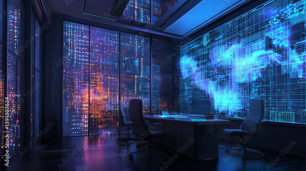 Obraz premium Futuristic business meeting high-tech office digital environment urban cityscape modern viewpoint
