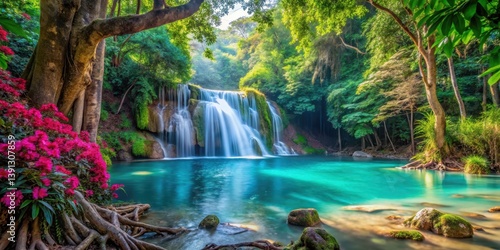 Dense foliage and exotic flowers surround a serene turquoise water cascade amidst ancient tree trunks , natural beauty, vibrant forest