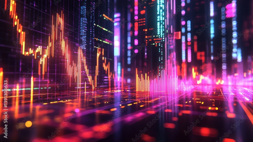 Vibrant Data Stream Financial Analysis with Fluorescent Cityscape Backdrop Vibrant Data Stream Financial Analysis with Fluorescent Cityscape Backdrop