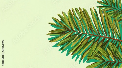 Vibrant Green Tropical Palm Leaf on Soft Mint Background
