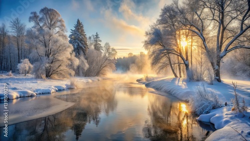 Frozen River in Snowy Forest at Dawn , frosty mist, snowy woods ,  frosty mist