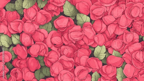 Vibrant Red Petals with Green Leaves on Light Background Design