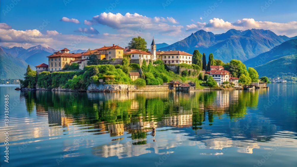 Fototapeta premium Serene landscape of Borromean islands reflected in calm waters of Lago Maggiore surrounded by lush greenery and picturesque villas, scenic view, landscape