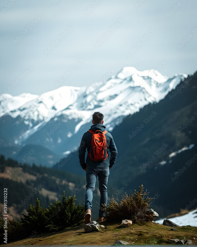 A lone adventurer wearing a dark jacket stands facing a snow-covered mountain range, carrying a backpack, a landscape of greenery, hills, snow. A lone adventurer wearing a dark jacket stands facing a snow-covered mountain range, carrying a backpack, a landscape of greenery, hills, snow.