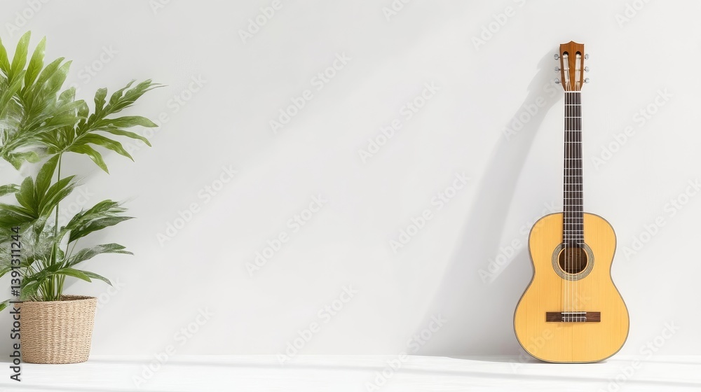 Acoustic guitar against a white wall, minimalist decor