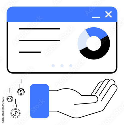 Open hand catching falling coins below an analytics dashboard with charts and text. Ideal for finance, budgeting, analytics, investment, earning, income tracking, economy in flat simple metaphor
