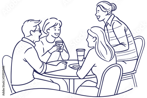 Friends Talking Line Art – Cafe Conversation Illustration – Social Gathering Sketch Design