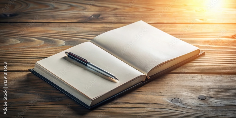 A blank book cover on a wooden desk with a few scattered papers and a pen, surrounded by a soft natural light, wooden desk, writer's tools A blank book cover on a wooden desk with a few scattered papers and a pen, surrounded by a soft natural light, wooden desk, writer's tools