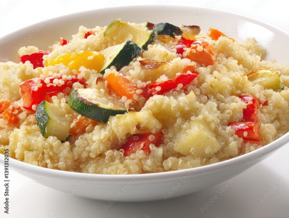 Delicious quinoa salad with colorful vegetables in a white bowl healthy eating vegan dish balanced diet nutritious meal food photography close up Delicious quinoa salad with colorful vegetables in a white bowl healthy eating vegan dish balanced diet nutritious meal food photography close up