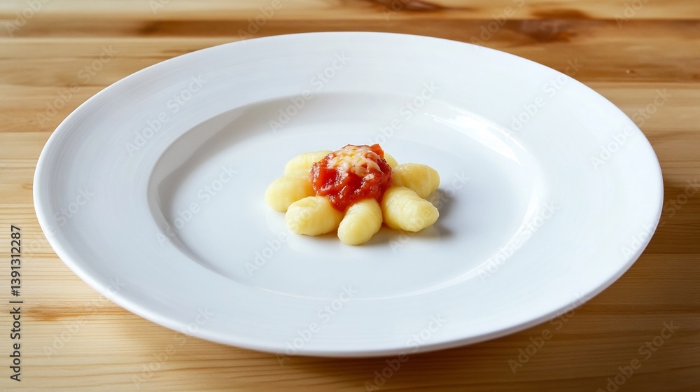 Single serving of gnocchi on a white plate with visible tomato sauce and cheese Single serving of gnocchi on a white plate with visible tomato sauce and cheese
