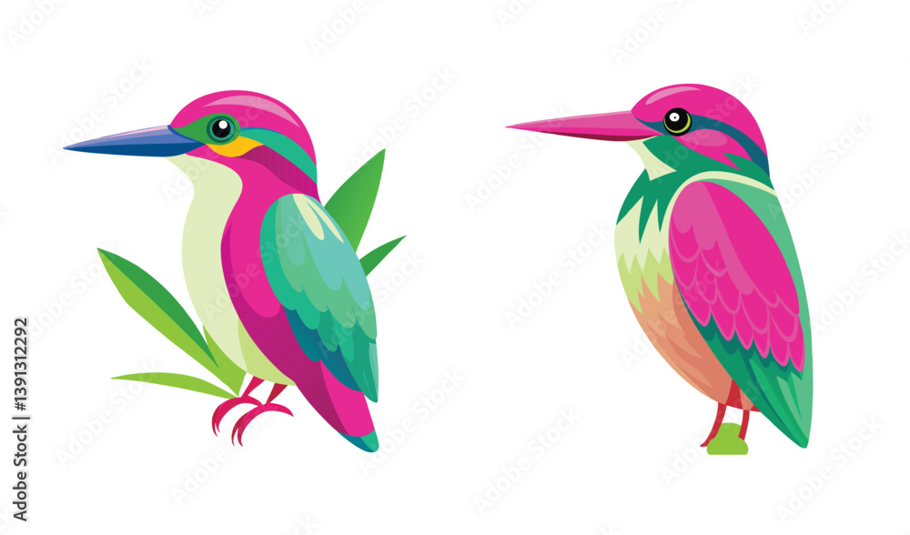 Obraz premium Two colorful stylized kingfisher birds illustration