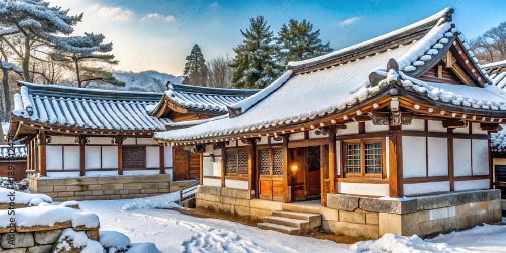 Naklejka premium Traditional Korean Hanok house with snow-covered roof and walls in a serene village setting surrounded by evergreen trees , hanok, winter wonderland
