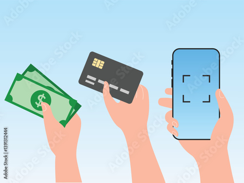 Various Payment methods, Online payment and transfer money. cash, hand holding phone, money and card