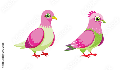 Two cute cartoon pink and green pigeons