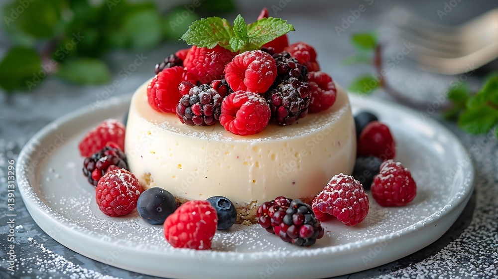 Icelandic skyr cake topped berries plated on a white dessert dish Icelandic skyr cake topped berries plated on a white dessert dish