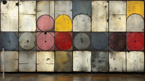 Abstract geometric artwork with multicolored circles and rectangles on a metallic surface. photo