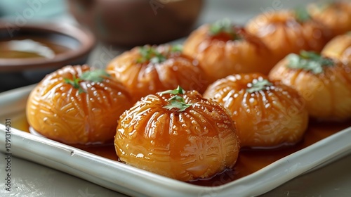 Indian balushahi flaky deep fried dessert soaked syrup arranged on white ceramic tray