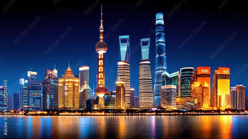 Obraz premium Night View of Shanghai Skyline Featuring Iconic Towers