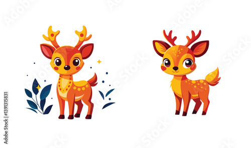 Cute cartoon baby reindeer with antlers in vector art style set