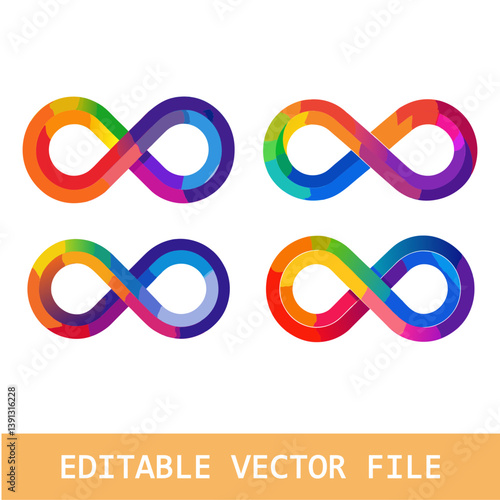 Colorful infinity symbol in rainbow gradient. Neurodiversity, inclusivity, awareness, autism acceptance concep set