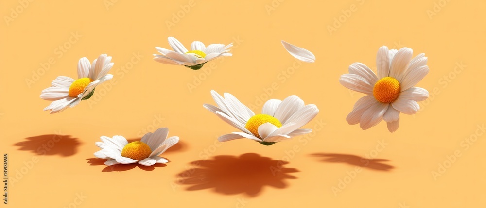 Obraz premium Floating Daisies on Warm Background Capturing Serene Beauty and Delicate Floral Arrangement for Springtime Joy
