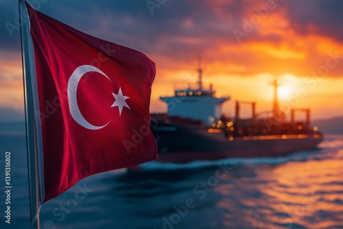 A waving Turkish flag against the background of the sea and a cargo ship at sunset. The concept of trade, logistics and international exports.