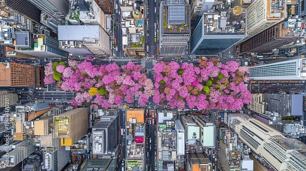 Obraz premium Aerial view of Tokyo's dynamic urban landscape featuring towering skyscrapers, modern high-rise buildings, and bustling streets from a drone perspective. This cityscape showcases Japan's contemporary 