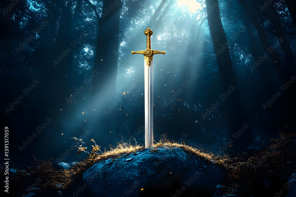 Naklejka premium A majestic sword with a golden hilt stands proudly on a rock, illuminated by ethereal light in a mystical forest.
