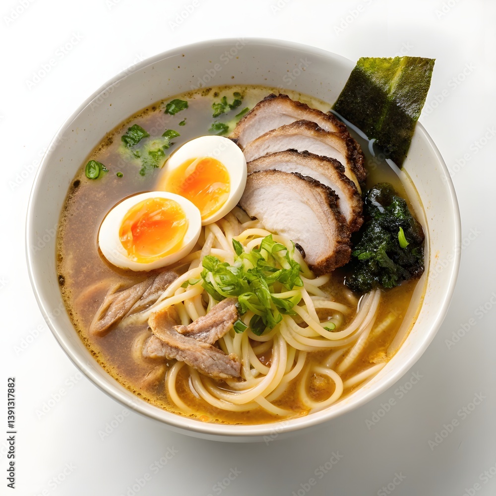 Traditional Japanese Ramen Bowl with Egg and Broth Isolated
Traditional Japanese Ramen Bowl with Egg and Broth Isolated
