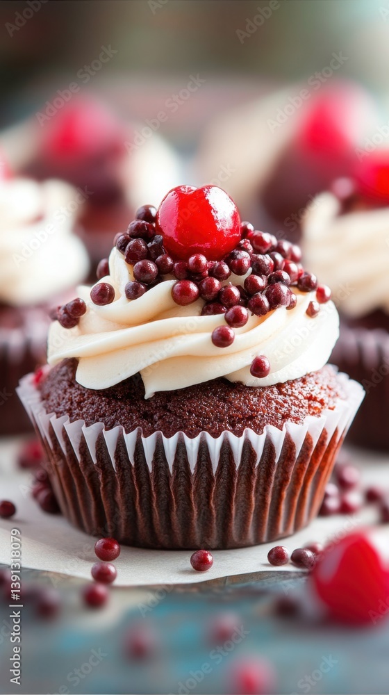 Delicious chocolate cupcake with creamy frosting and a bright red cherry for a sweet treat indulgence Delicious chocolate cupcake with creamy frosting and a bright red cherry for a sweet treat indulgence