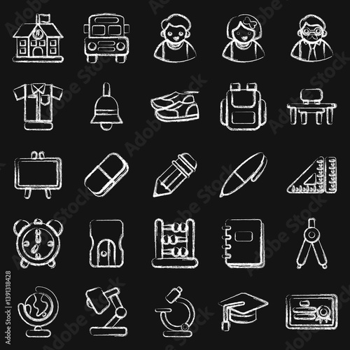 Icon set of school. School and education elements. Icons in chalk style. Good for prints, posters, logo, advertisement, infographics, etc.