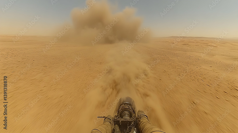 Obraz premium A person riding a vehicle across a vast dusty desert landscape
