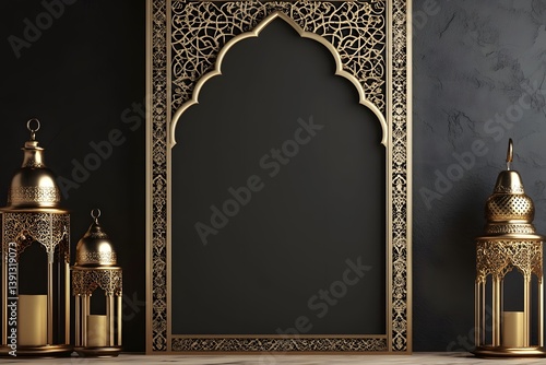 Elegant Islamic Archway with Ornate Gold Lanterns and Dark Background, Perfect for Ramadan or Eid Mubarak Celebrations