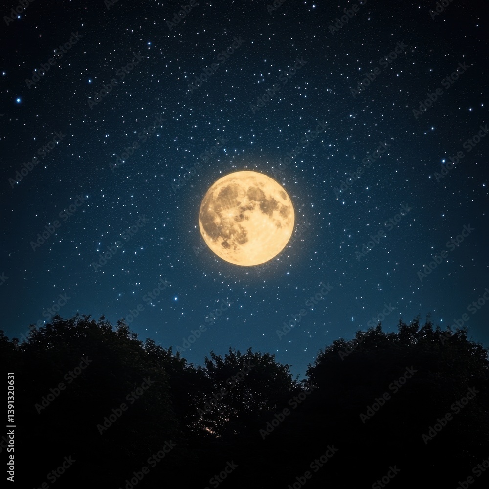 Ethereal full moon glowing brightly in the night sky above dark trees creating a serene and celestial vista with twinkling stars Ethereal full moon glowing brightly in the night sky above dark trees creating a serene and celestial vista with twinkling stars