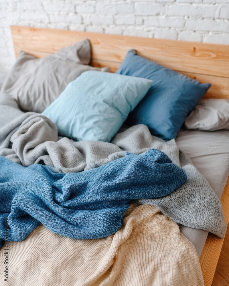 Obraz premium Cozy Bedroom Scene with Soft Blankets and Pillows on Wooden Bed Frame in Natural Light Setting
