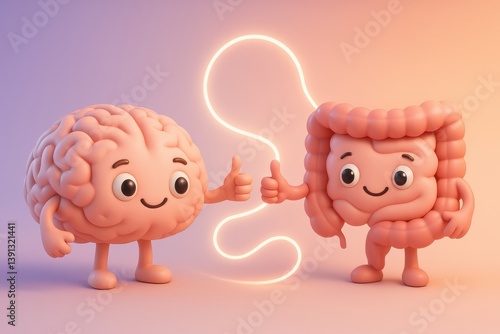 Brain-Gut Connection: An animated illustration of a friendly brain and a happy intestine, highlighting the vital connection between the mind and digestive health