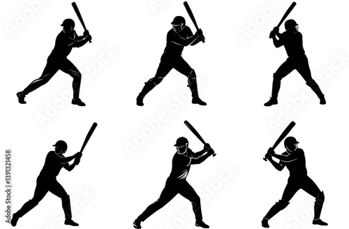 Cricketer Batting Silhouette Vector Bundle | Black and White Player with Bat Illustrations | Flat Sports Graphics for Cricket Poster, Match Promo, Fan Merch, and Club Branding Design Use